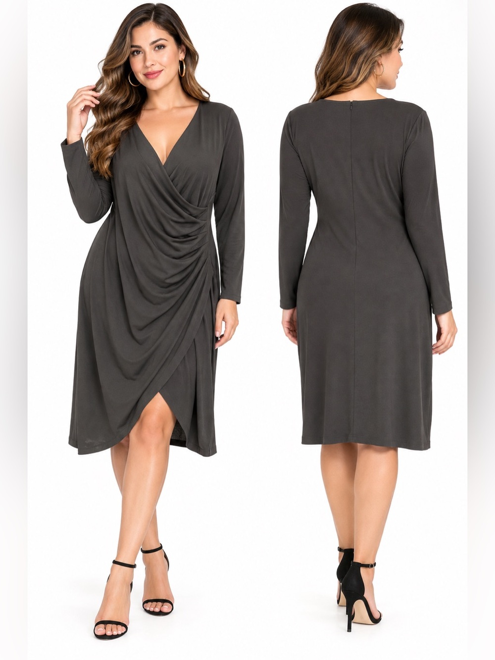 Eloquii LBD Black Draped Ruched Faux Wrap Midi Dress Plus 20 Cocktail Career lux